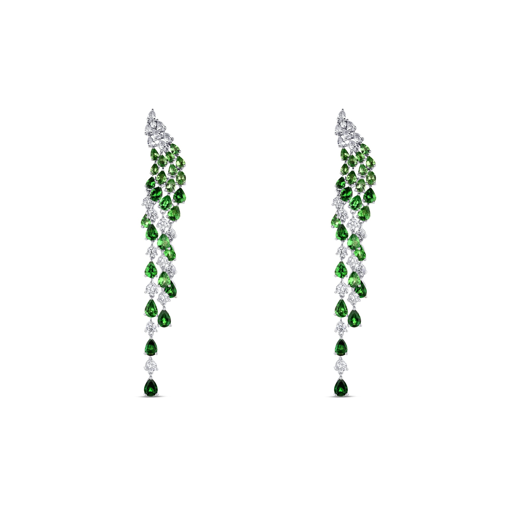 18K White Gold Pear Shaped Diamond Tsavorite Crawler Dangle Earrings