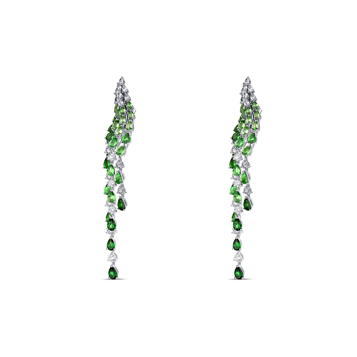 18K White Gold Pear Shaped Diamond Tsavorite Crawler Dangle Earrings