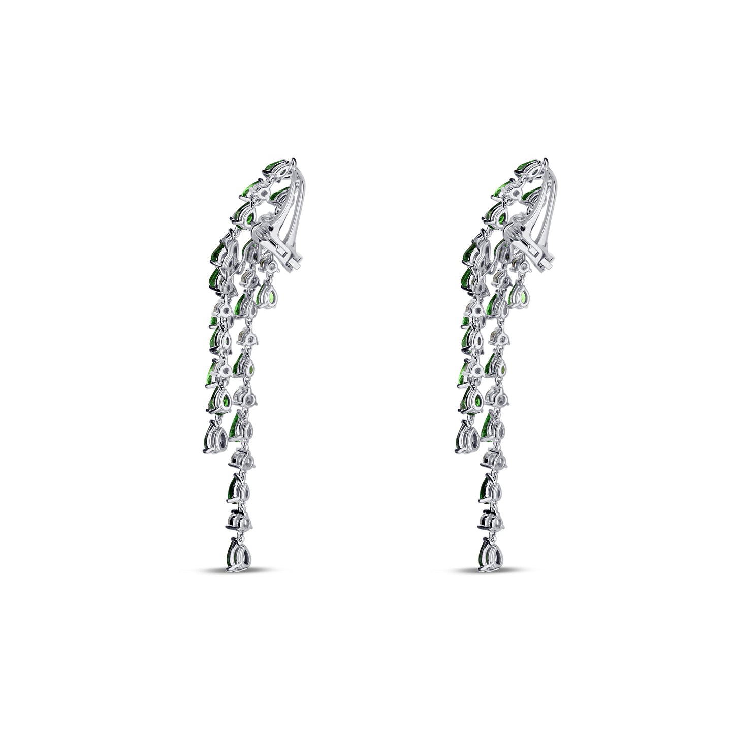 18K White Gold Pear Shaped Diamond Tsavorite Crawler Dangle Earrings