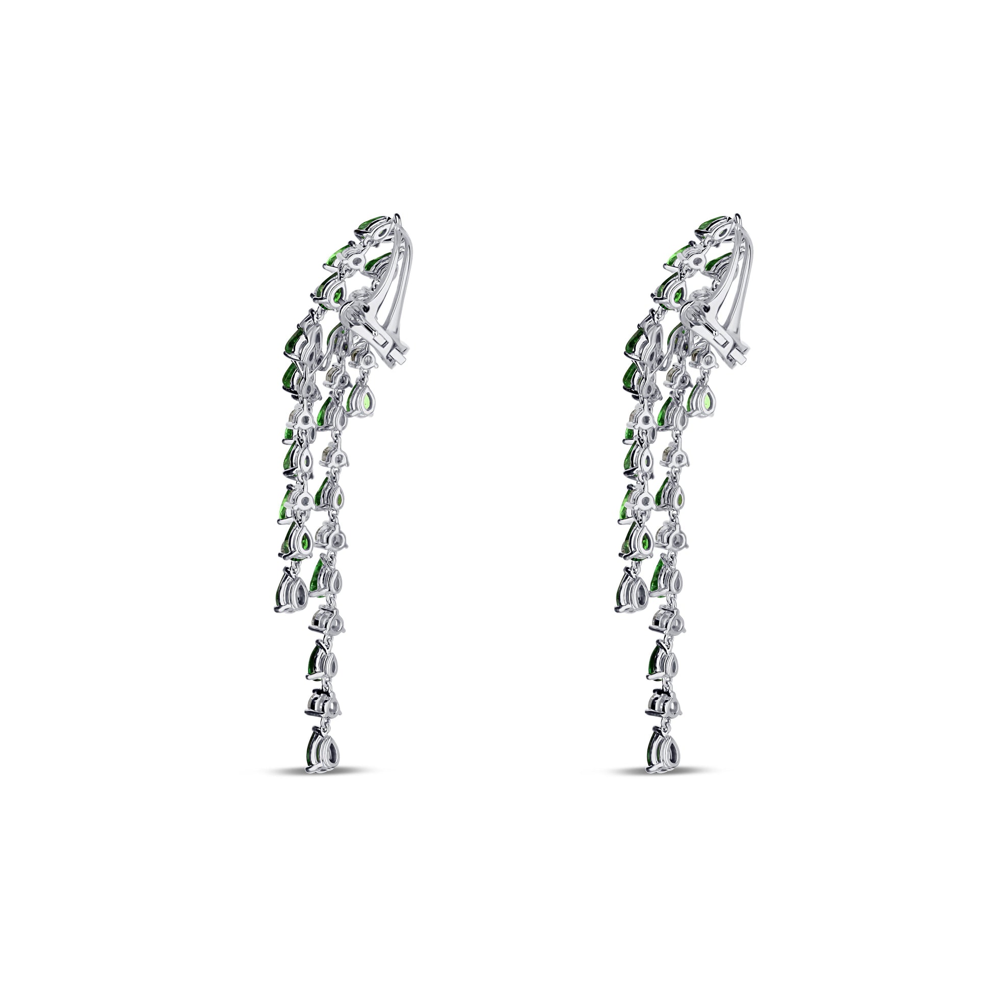 18K White Gold Pear Shaped Diamond Tsavorite Crawler Dangle Earrings