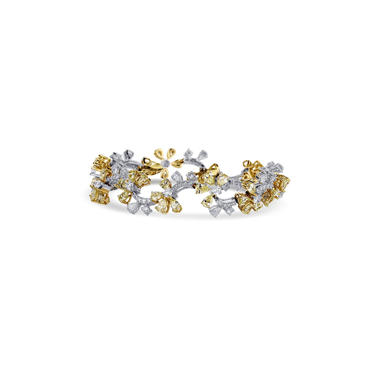 18K White Gold White Diamond With Yellow Diamond Flowers