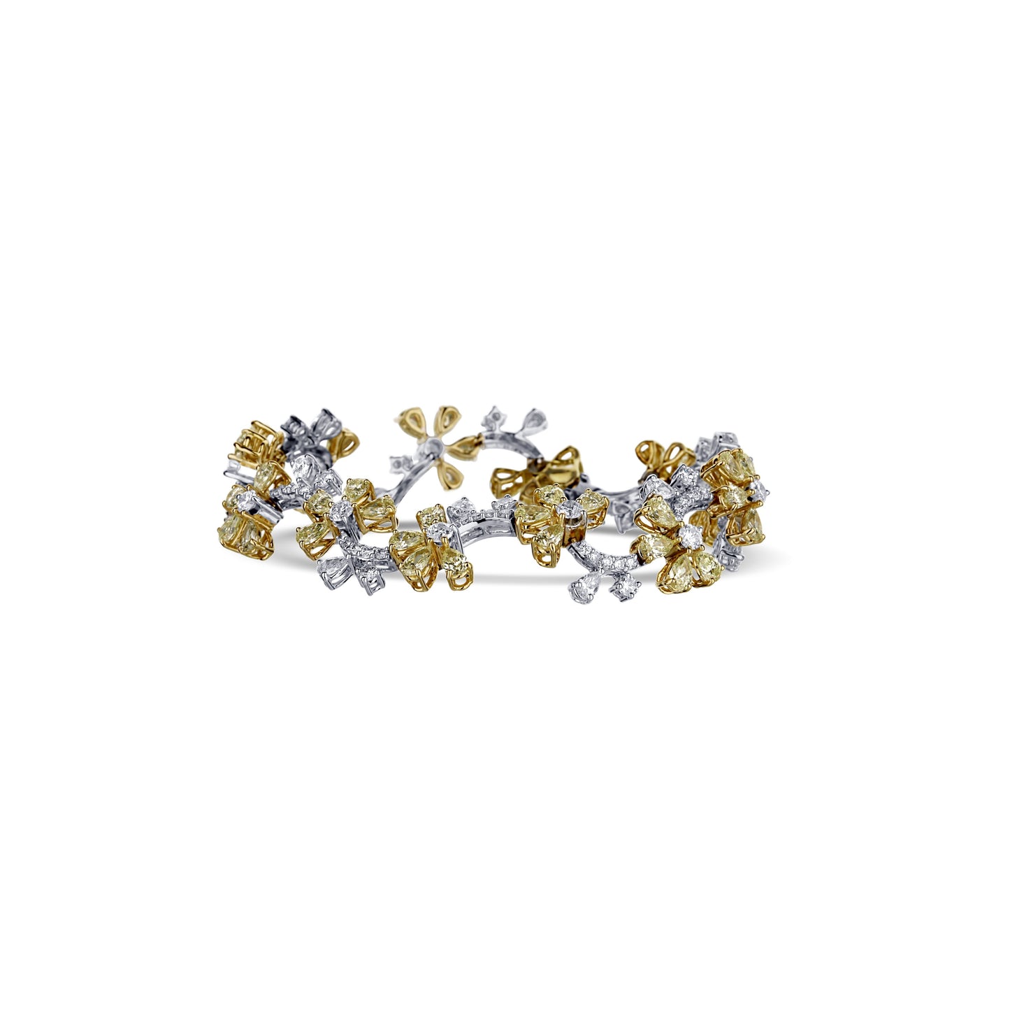 18K White Gold White Diamond With Yellow Diamond Flowers