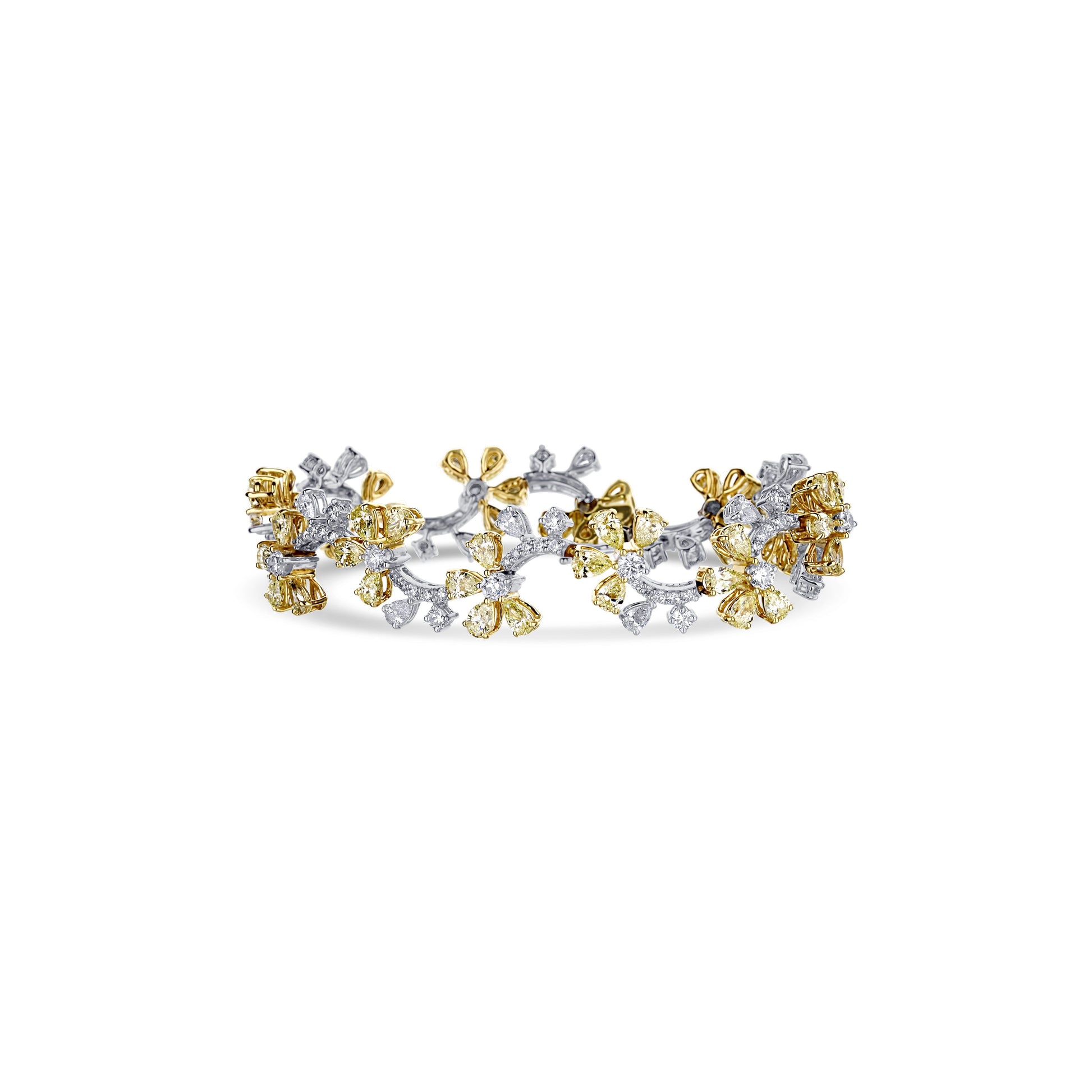 18K White Gold White Diamond With Yellow Diamond Flowers