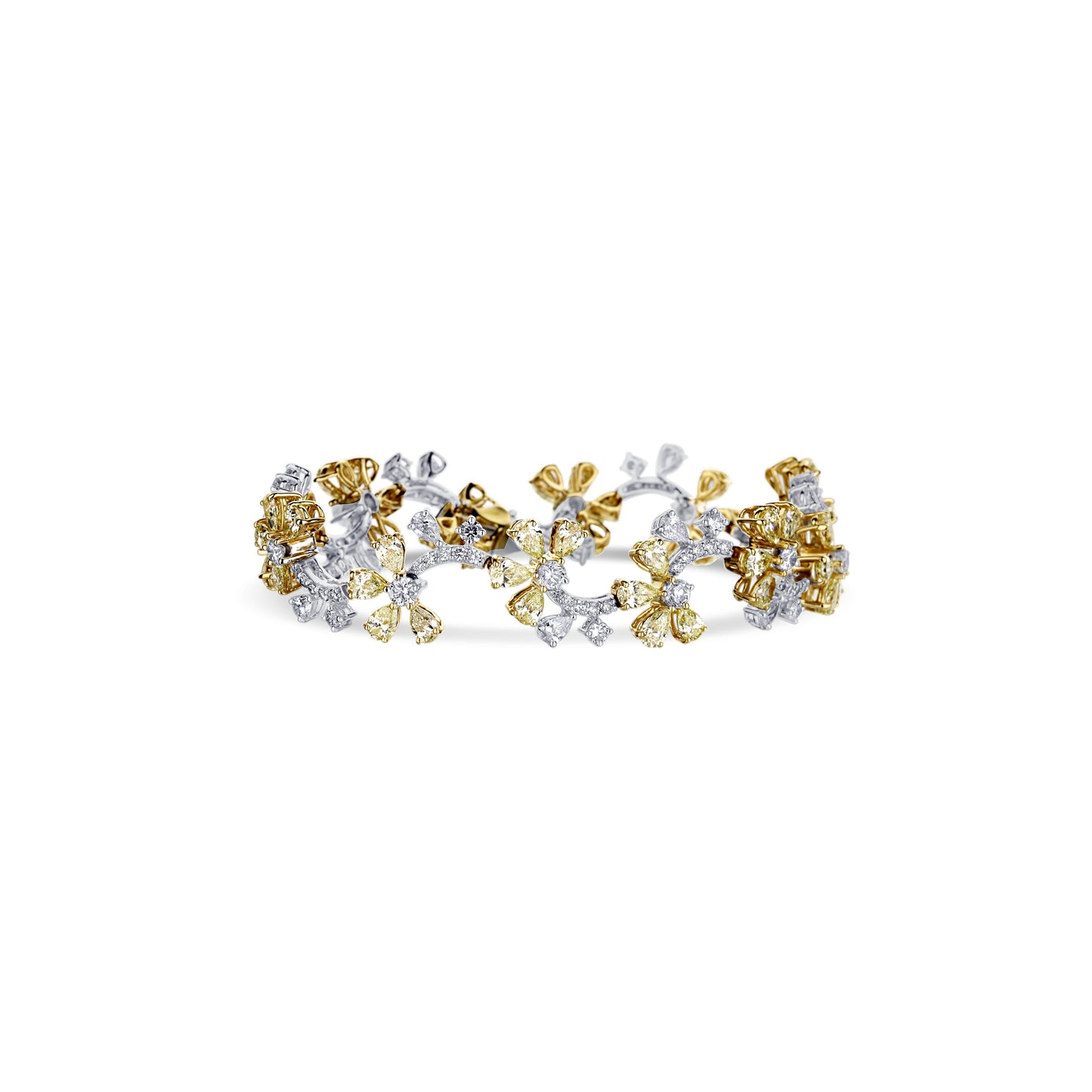 18K White Gold White Diamond With Yellow Diamond Flowers