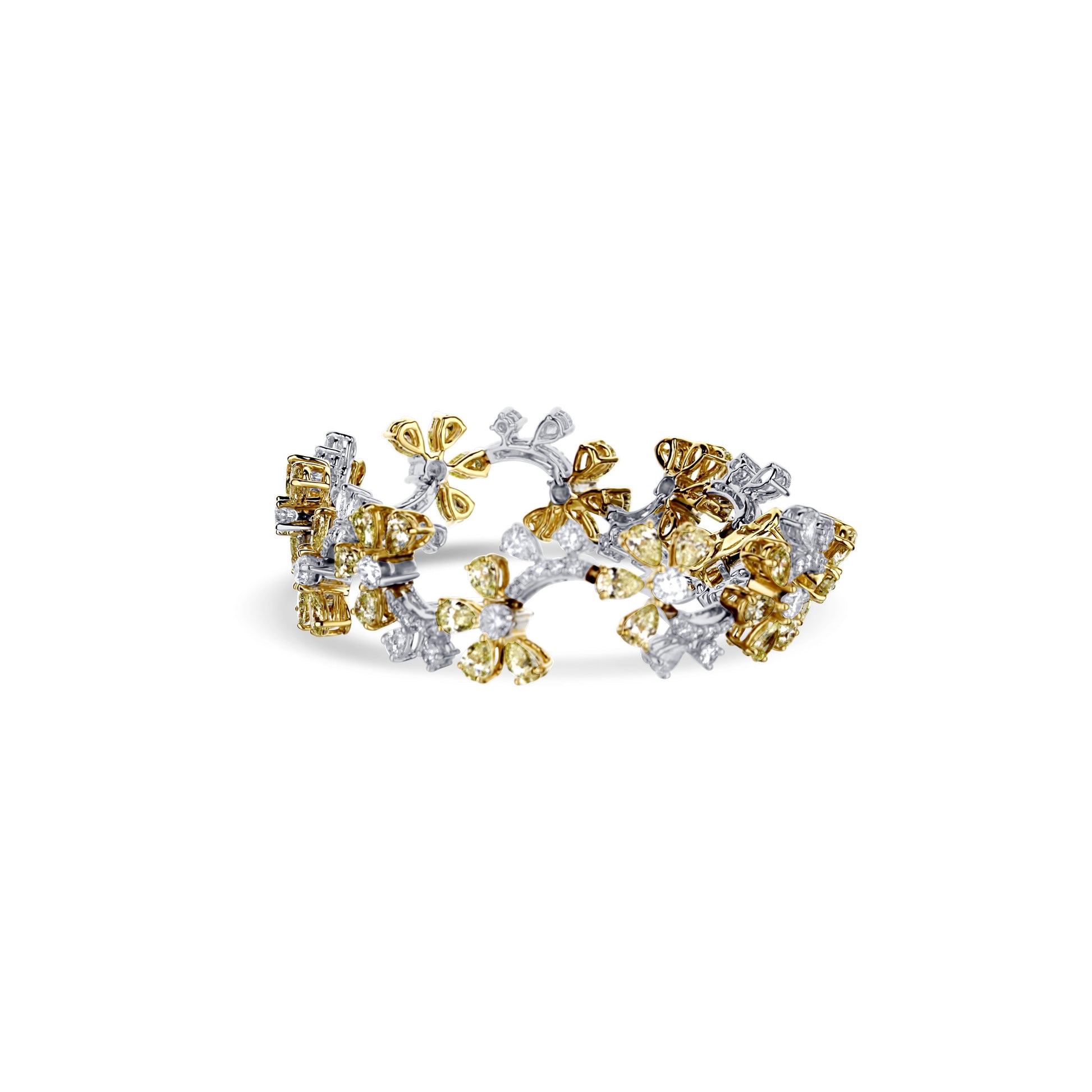 18K White Gold White Diamond With Yellow Diamond Flowers