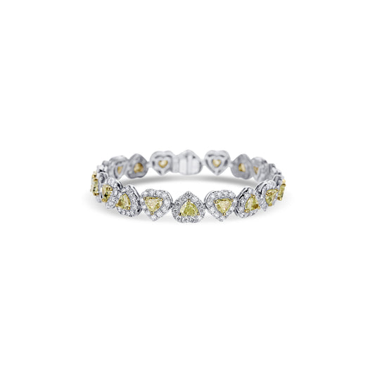 18K White Gold Fancy Yellow Heart With White Diamond Halo Line Bracelet