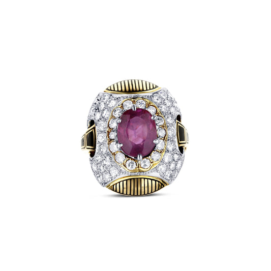 Vintage 18K Gold Domed Art Deco Style Ring With Ruby And Diamonds