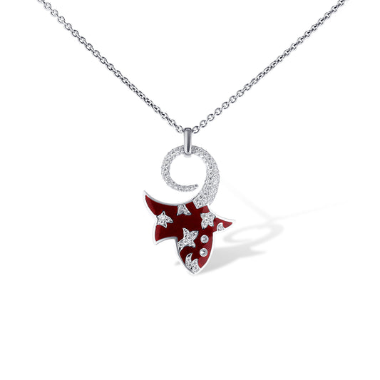 18K White Gold Nouvelle Bauge Diamond And Red Enamel Pendant Necklace On 16" Chain