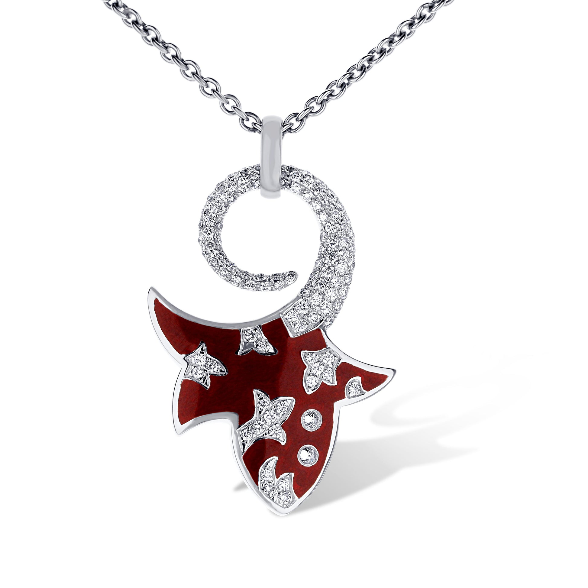 18K White Gold Nouvelle Bauge Diamond And Red Enamel Pendant Necklace On 16" Chain