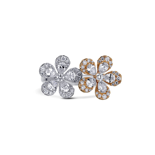 18K Two Tone Pear And Round Double Diamond Flower Ring