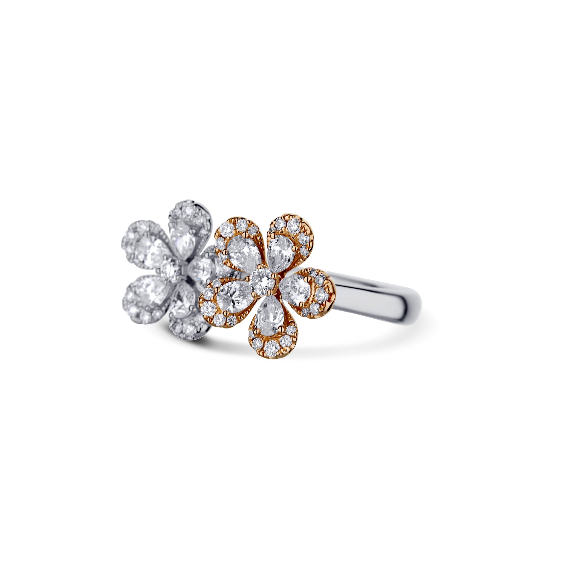 18K Two Tone Pear And Round Double Diamond Flower Ring