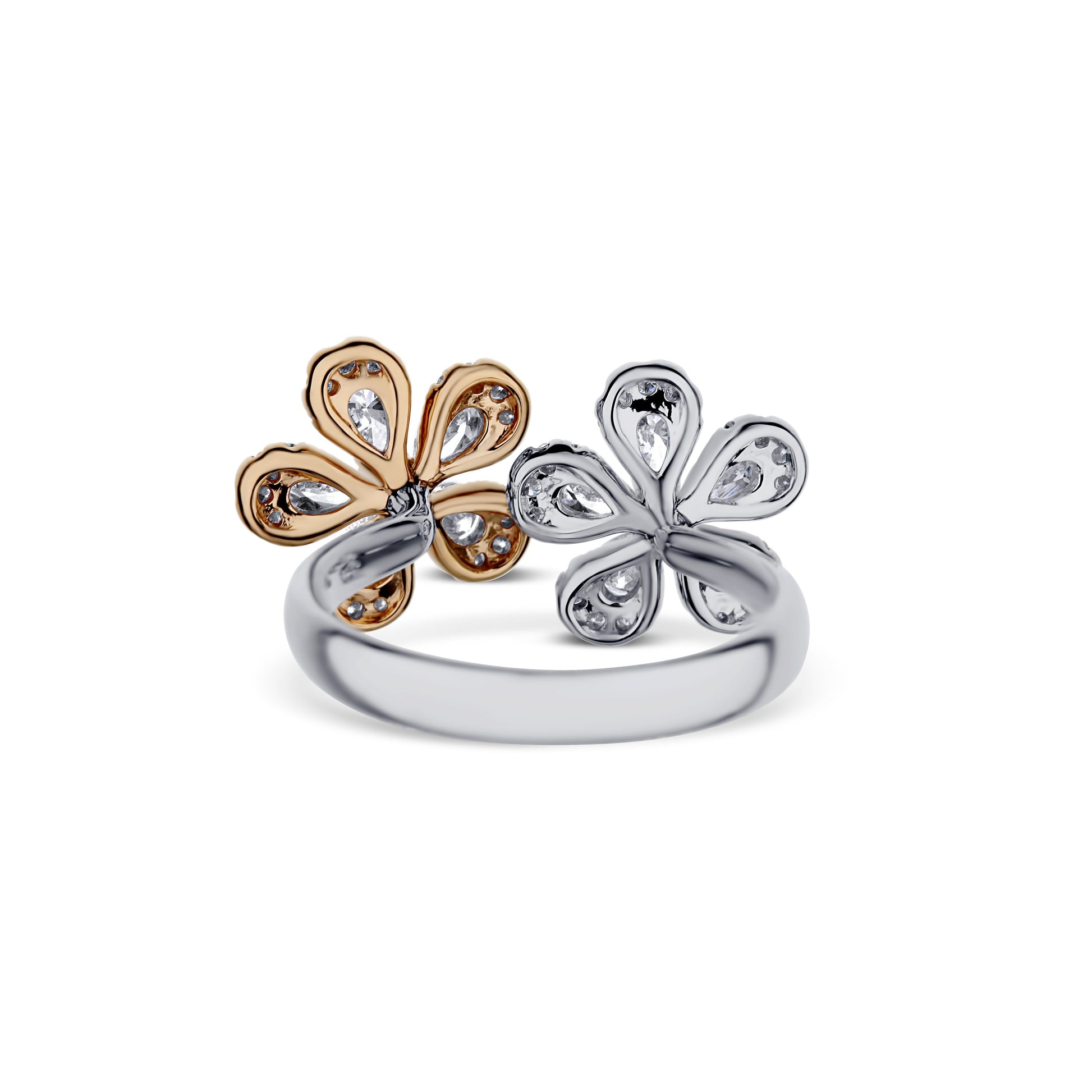 18K Two Tone Pear And Round Double Diamond Flower Ring