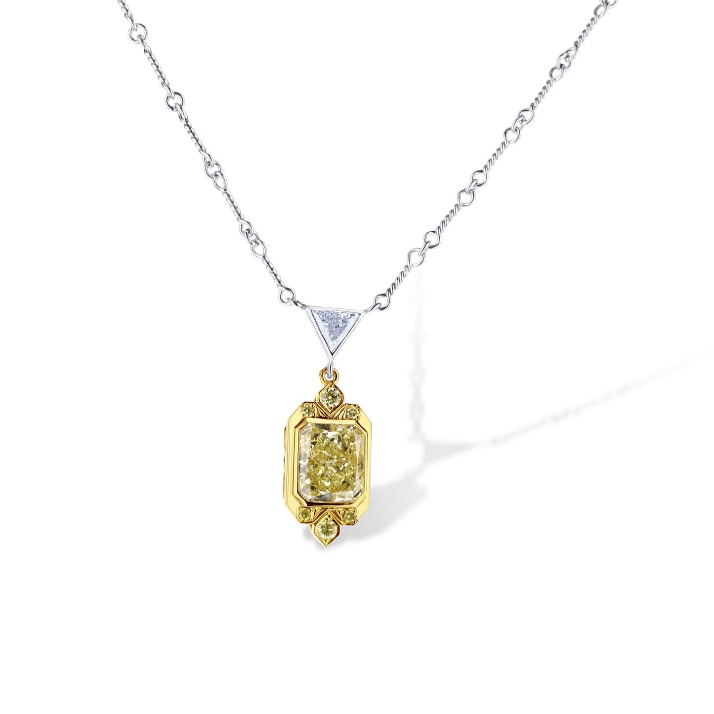 18K White Gold Necklace & Trillion Bezel With Yellow And White Diamonds