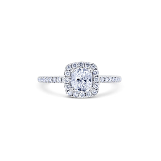 18K White Gold With A 0.74 Carat Cushion With Halo Diamond Ring