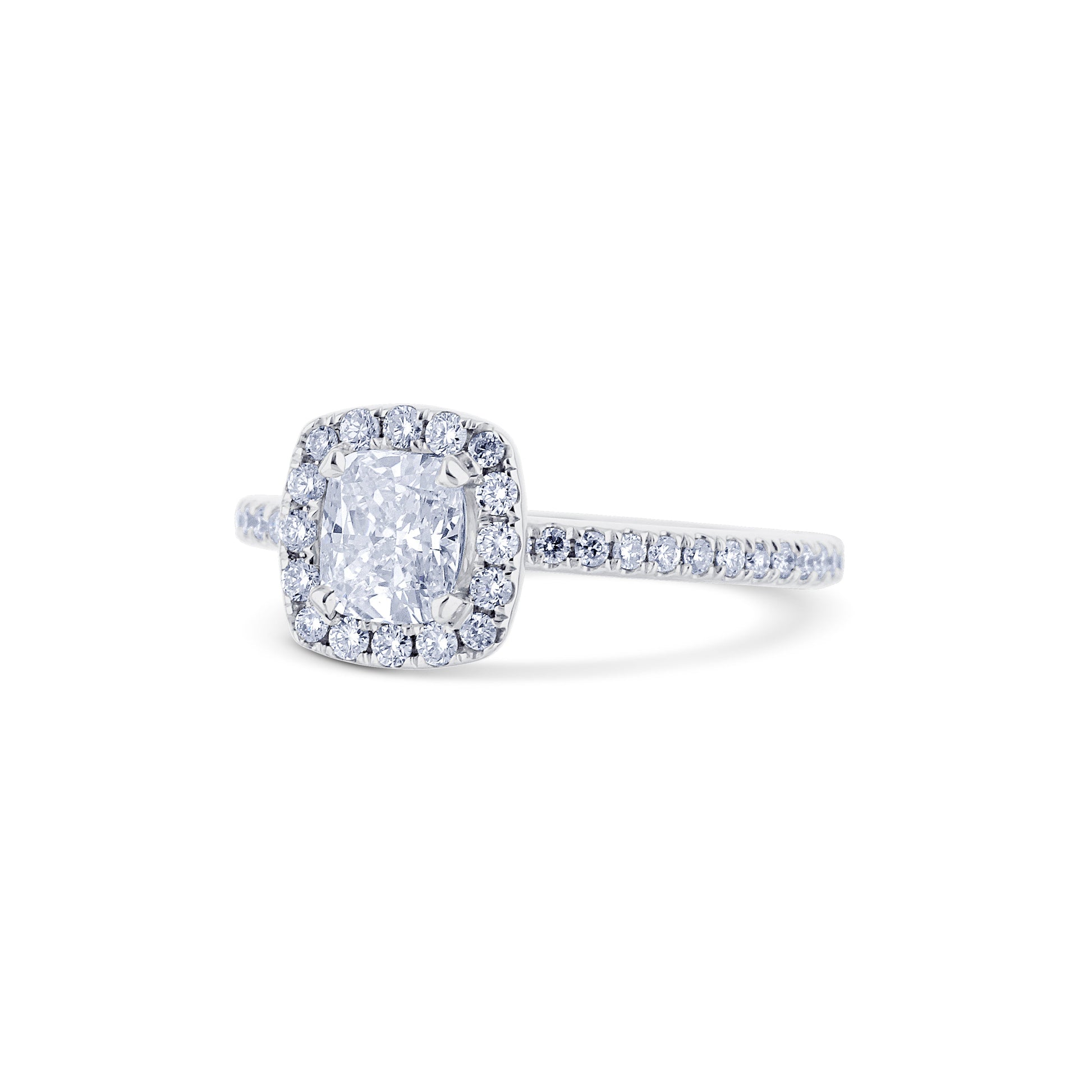 18K White Gold With A 0.74 Carat Cushion With Halo Diamond Ring