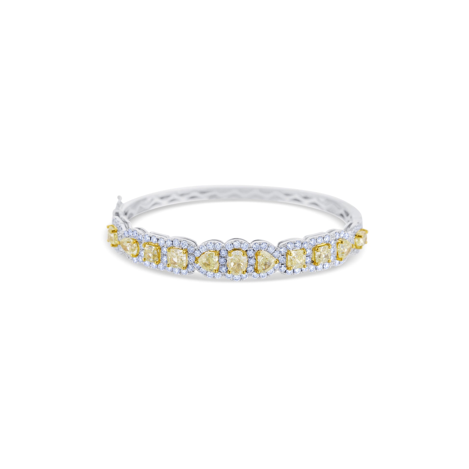 18K White Gold Mixed Yellow Diamond Cut Featuring White Round Diamond Halo Bangle