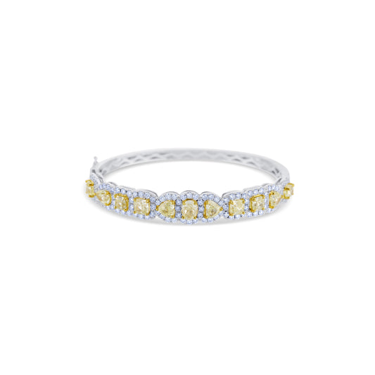 18K White Gold Mixed Yellow Diamond Cut Featuring White Round Diamond Halo Bangle