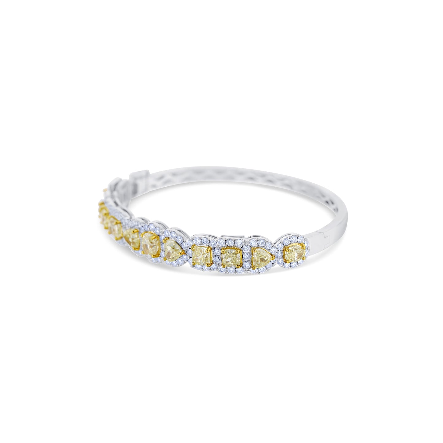 18K White Gold Mixed Yellow Diamond Cut Featuring White Round Diamond Halo Bangle