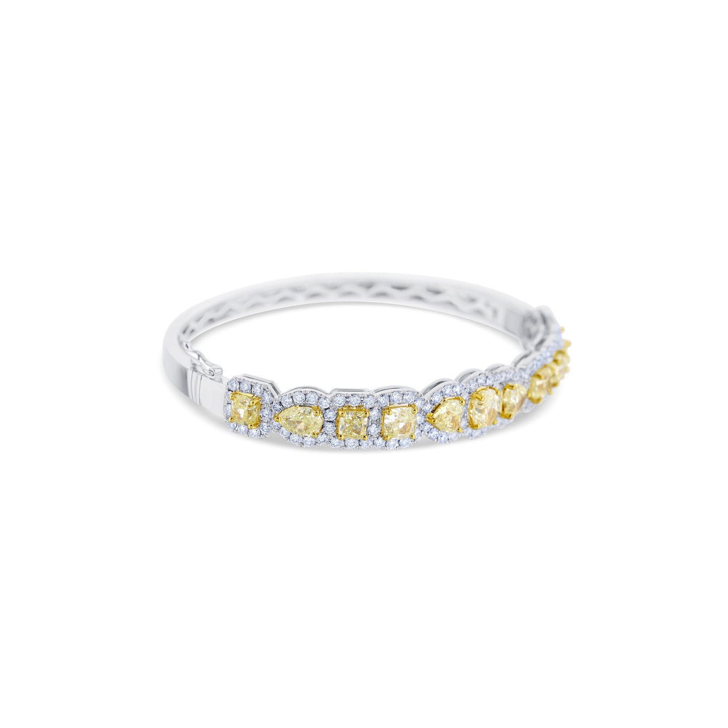 18K White Gold Mixed Yellow Diamond Cut Featuring White Round Diamond Halo Bangle