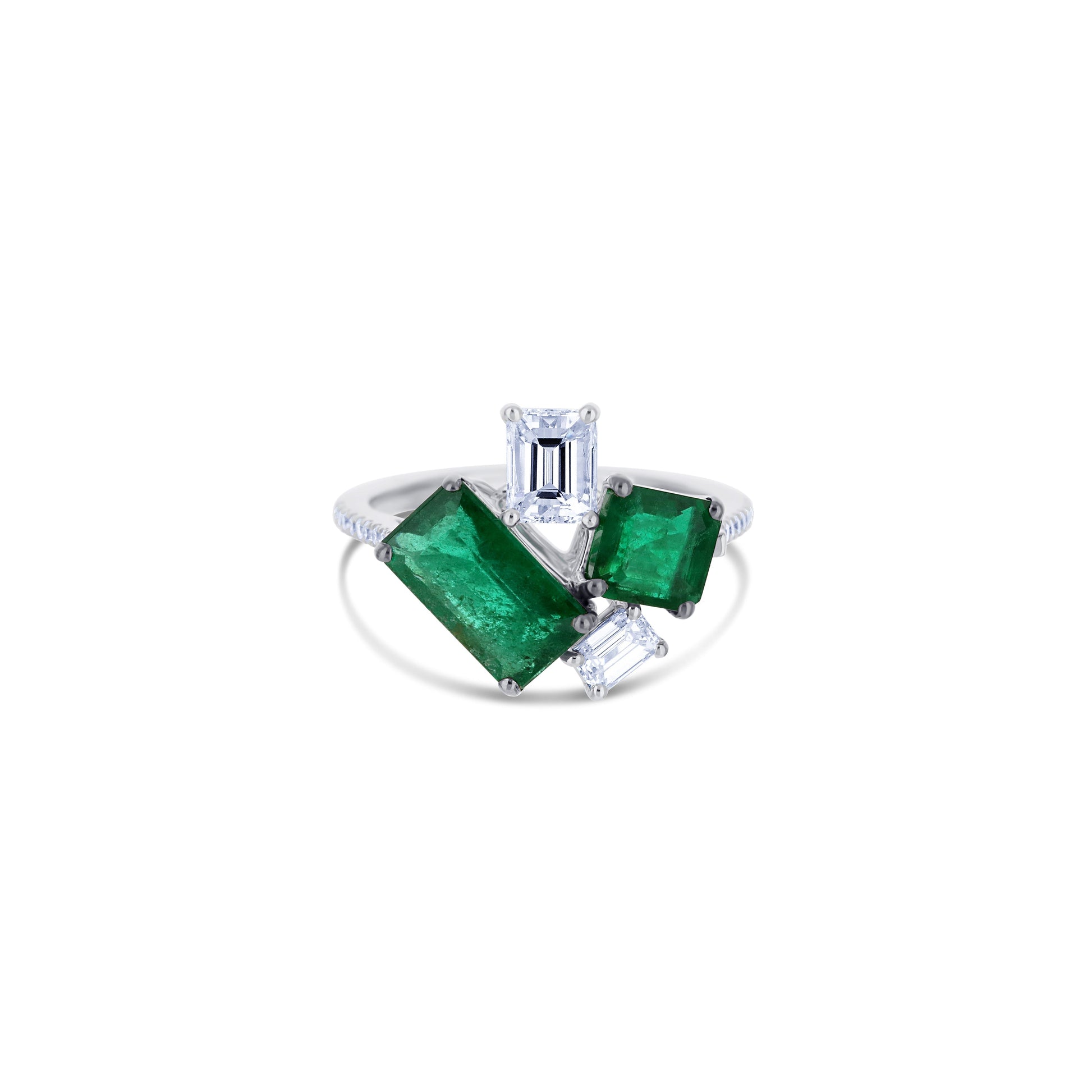 18K White Gold Emerald & Diamond Mixed Cut Ring