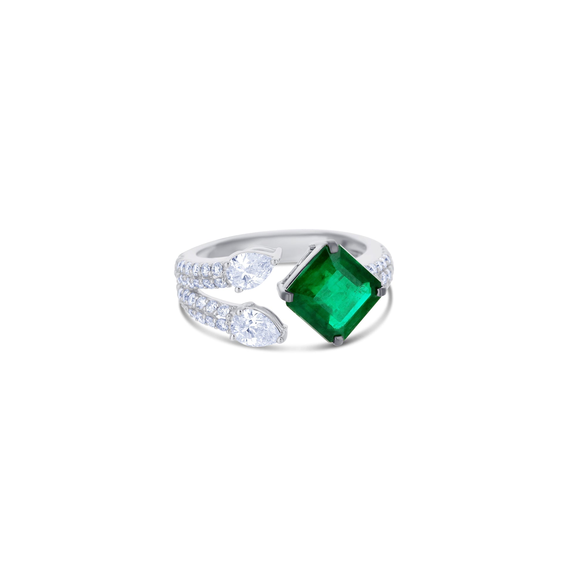 18K White Gold Octagon Emerald & Diamond Bypass Ring