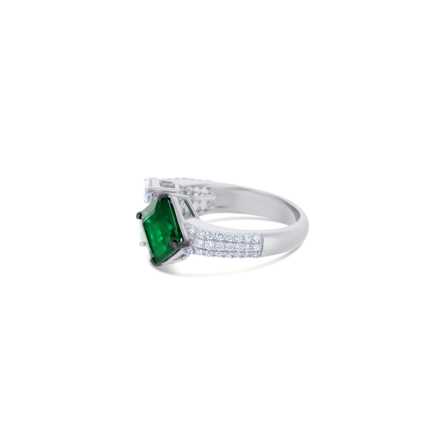 18K White Gold Octagon Emerald & Diamond Bypass Ring