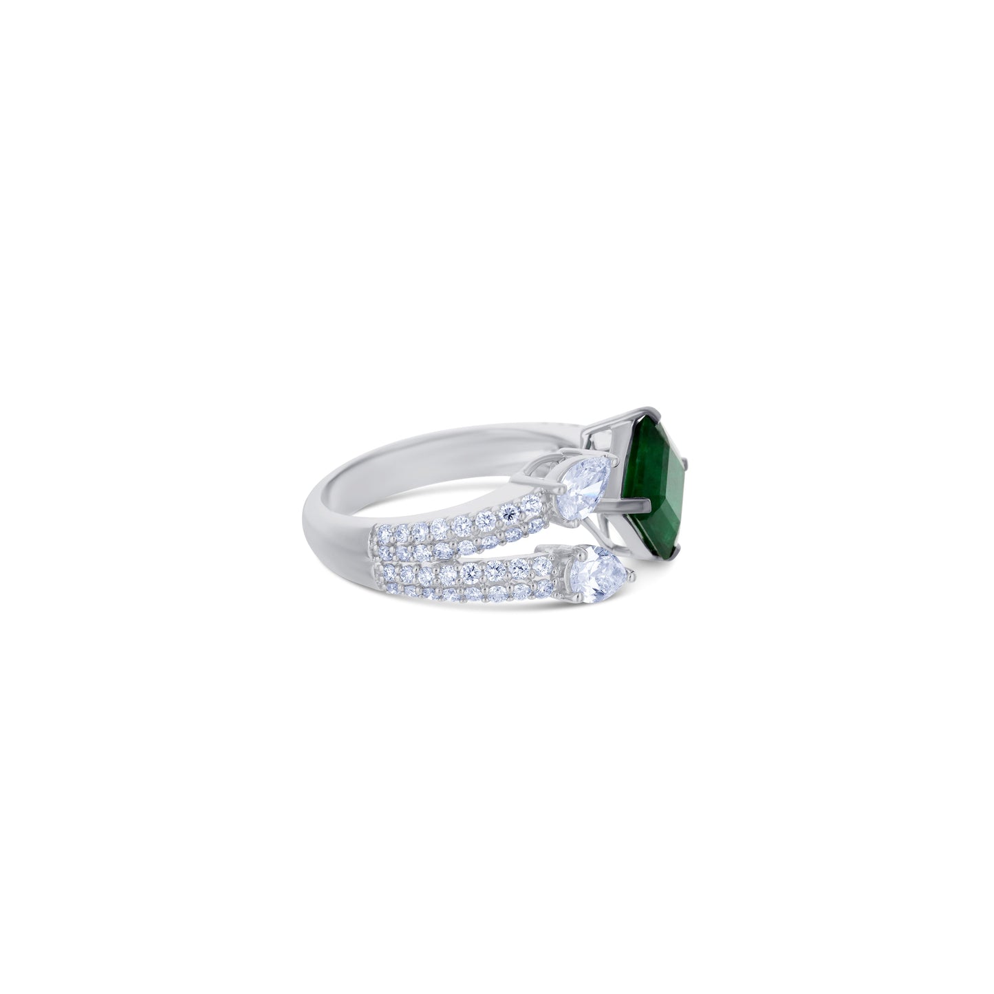 18K White Gold Octagon Emerald & Diamond Bypass Ring