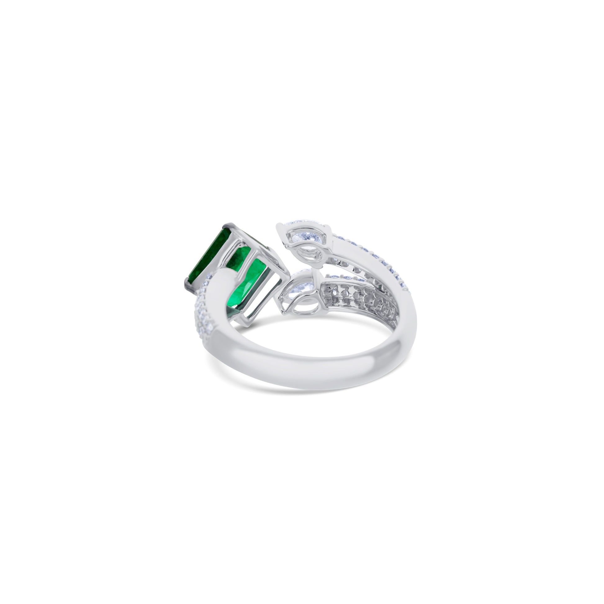 18K White Gold Octagon Emerald & Diamond Bypass Ring