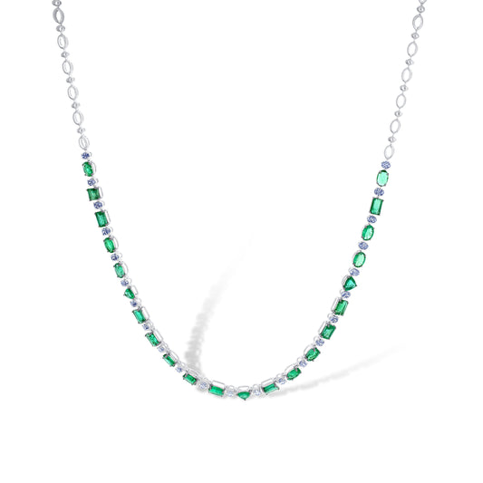 18K White Gold Mixed Cut Emerald & Diamond Necklace