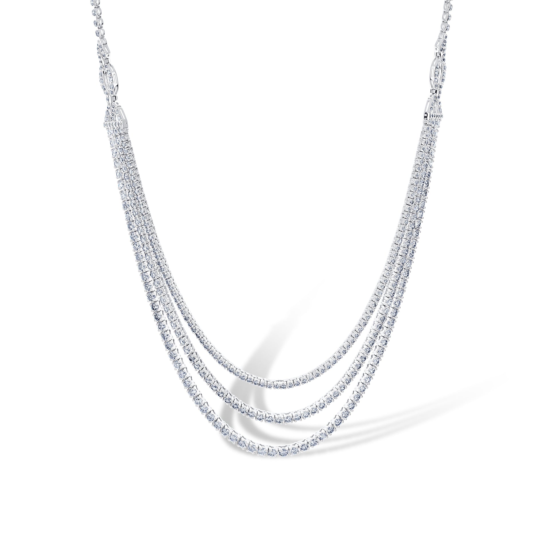 18K White Gold Three Tear Layered Diamond Tennis Necklace 12.46Ctw 384 Stones