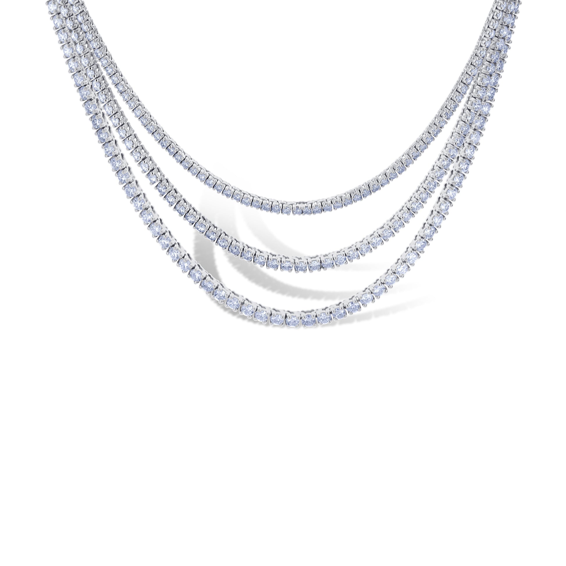 18K White Gold Three Tear Layered Diamond Tennis Necklace 12.46Ctw 384 Stones