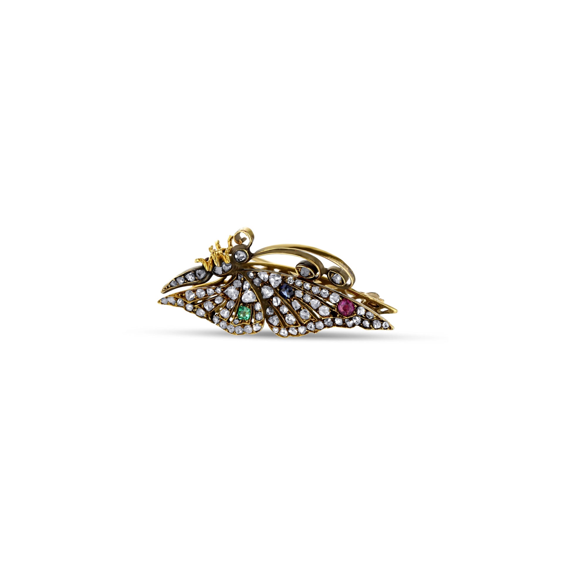 Victorian Era Multi-Stone Butterfly Pin In 18K Yellow Gold