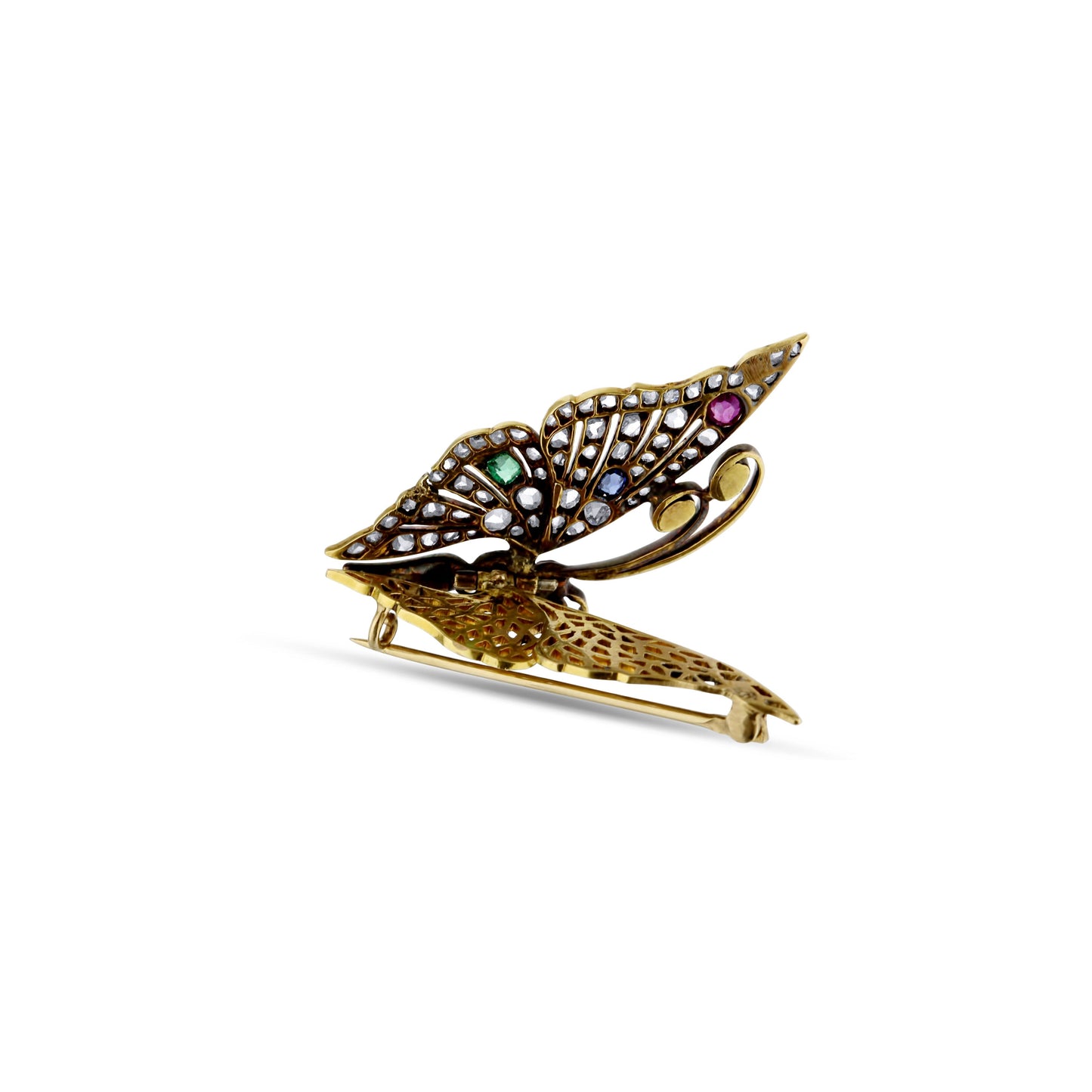 Victorian Era Multi-Stone Butterfly Pin In 18K Yellow Gold