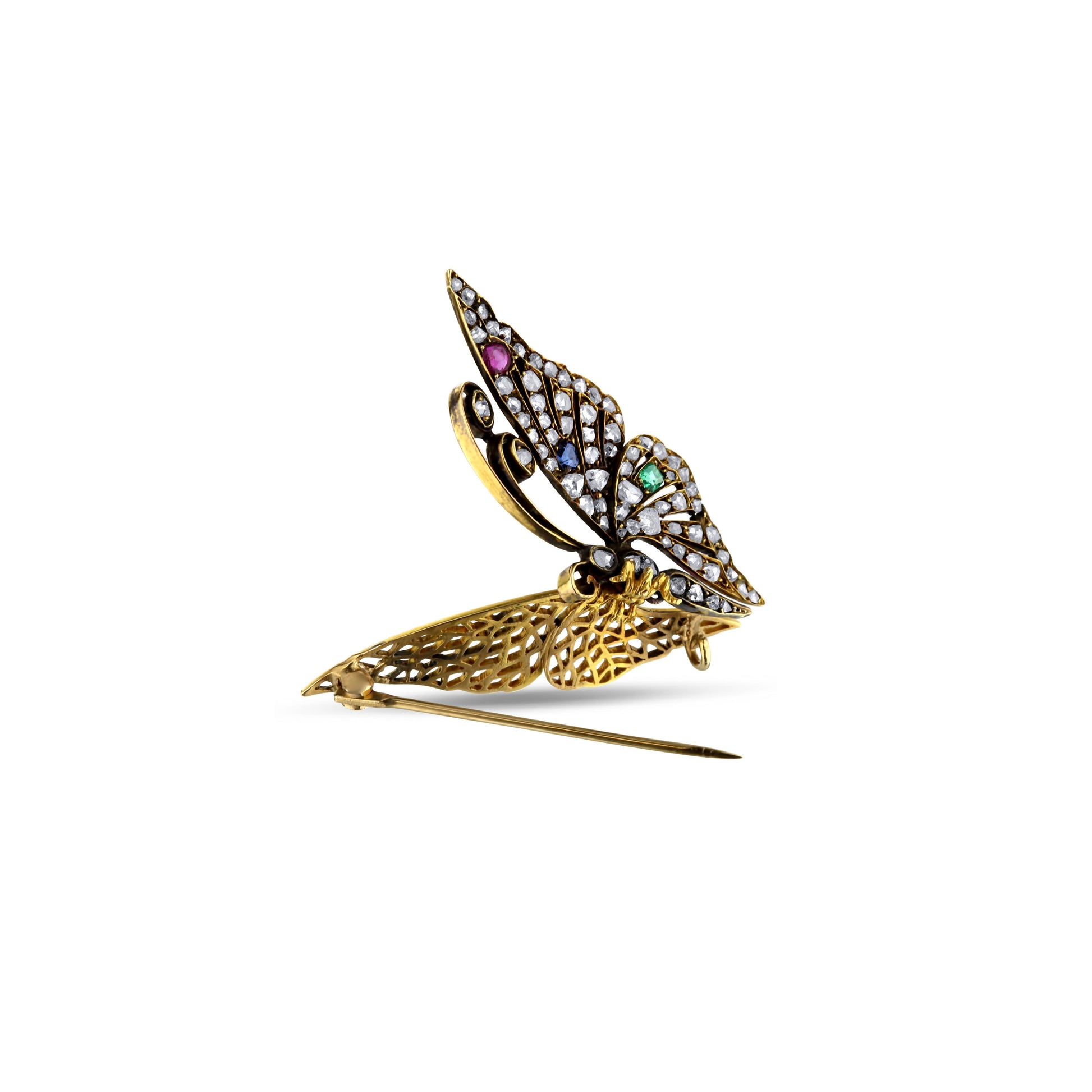 Victorian Era Multi-Stone Butterfly Pin In 18K Yellow Gold