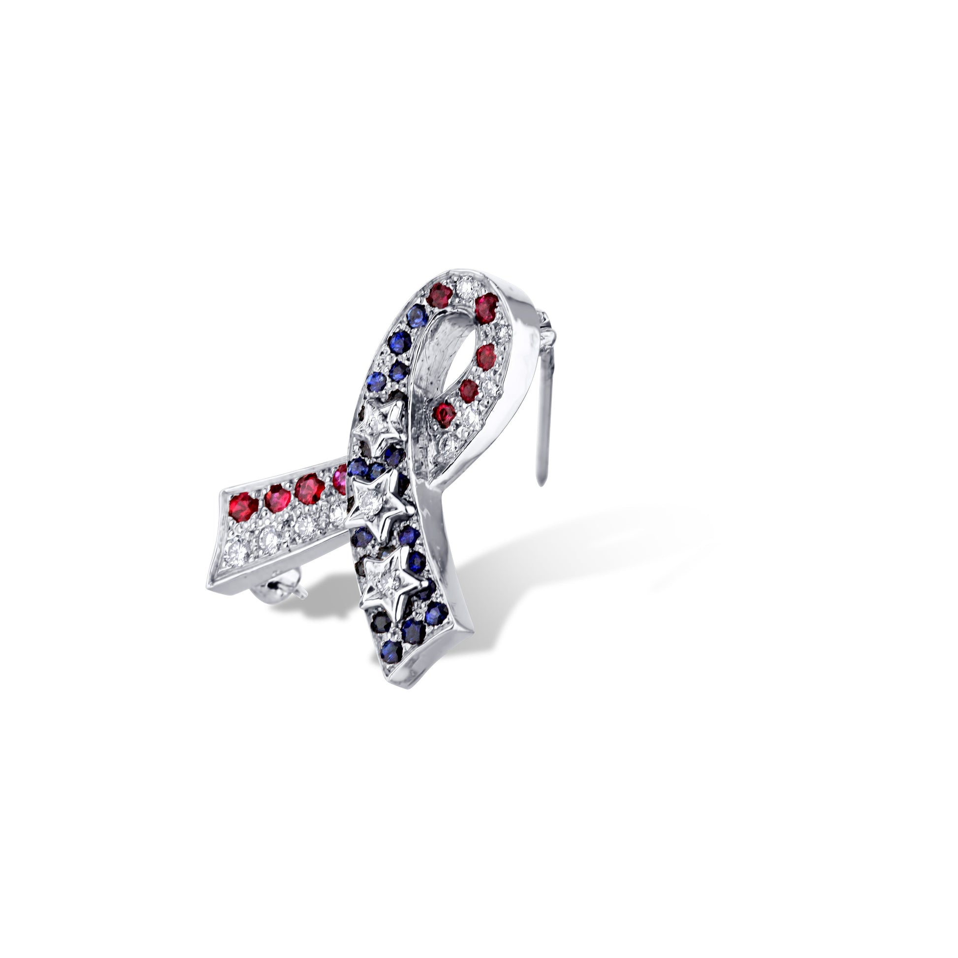 14K White Gold Ribbon Pin With Sapphires And Diamonds