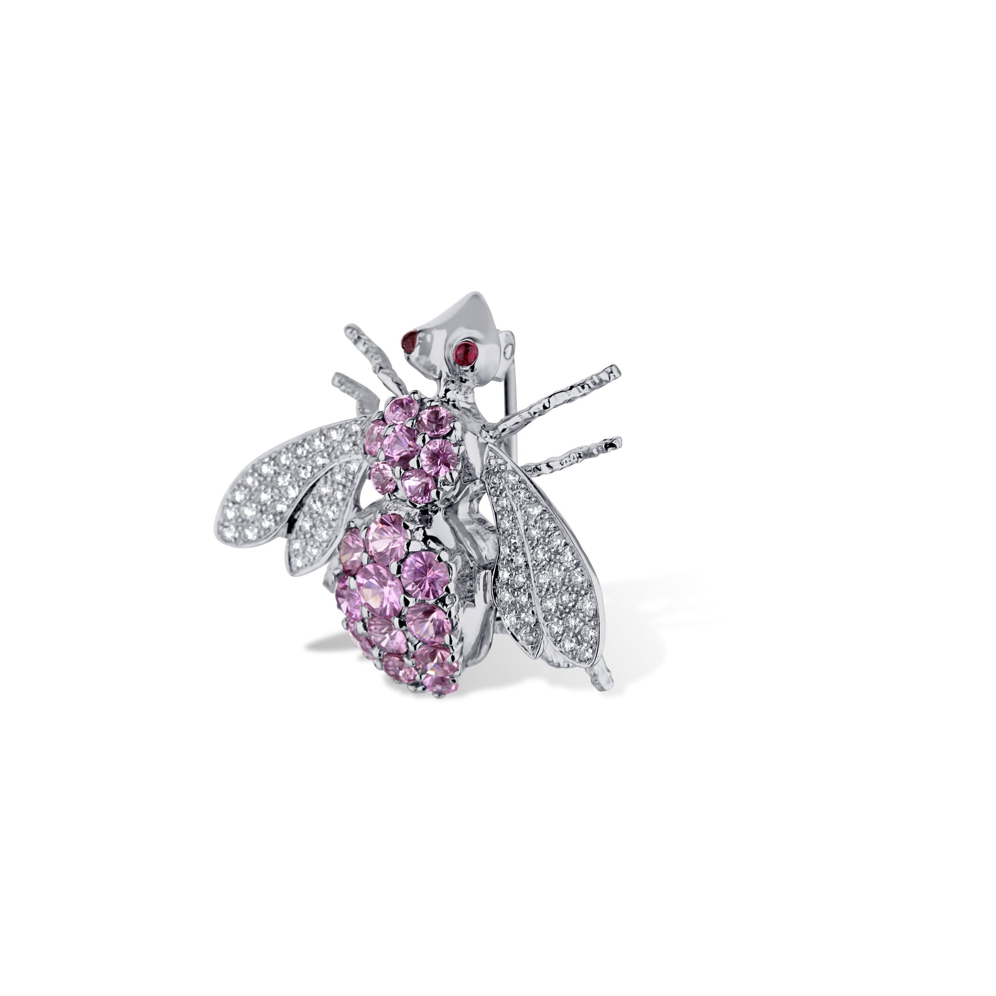 18K White Gold Pink Sapphire And Ruby Bee Pin With Diamonds