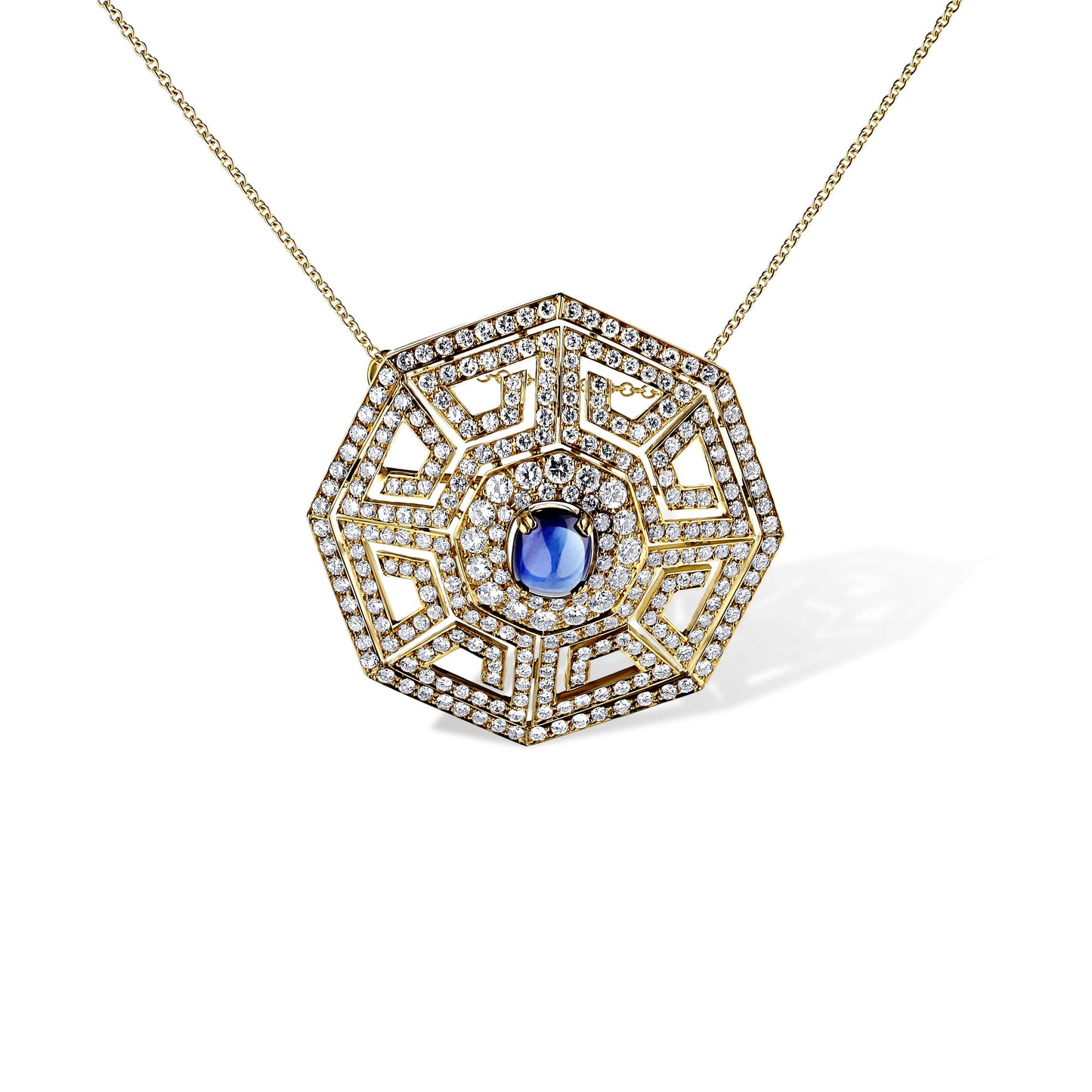 18K Yellow Gold Art Deco Design Diamond Pendant Necklace With A Blue Sapphire Cabochon