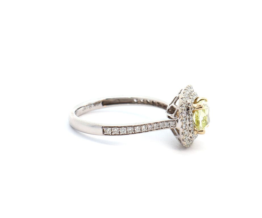 1.01ct Cushion Intense Yellow Diamond & 0.33ctw Diam Double Engagement Ring 18K