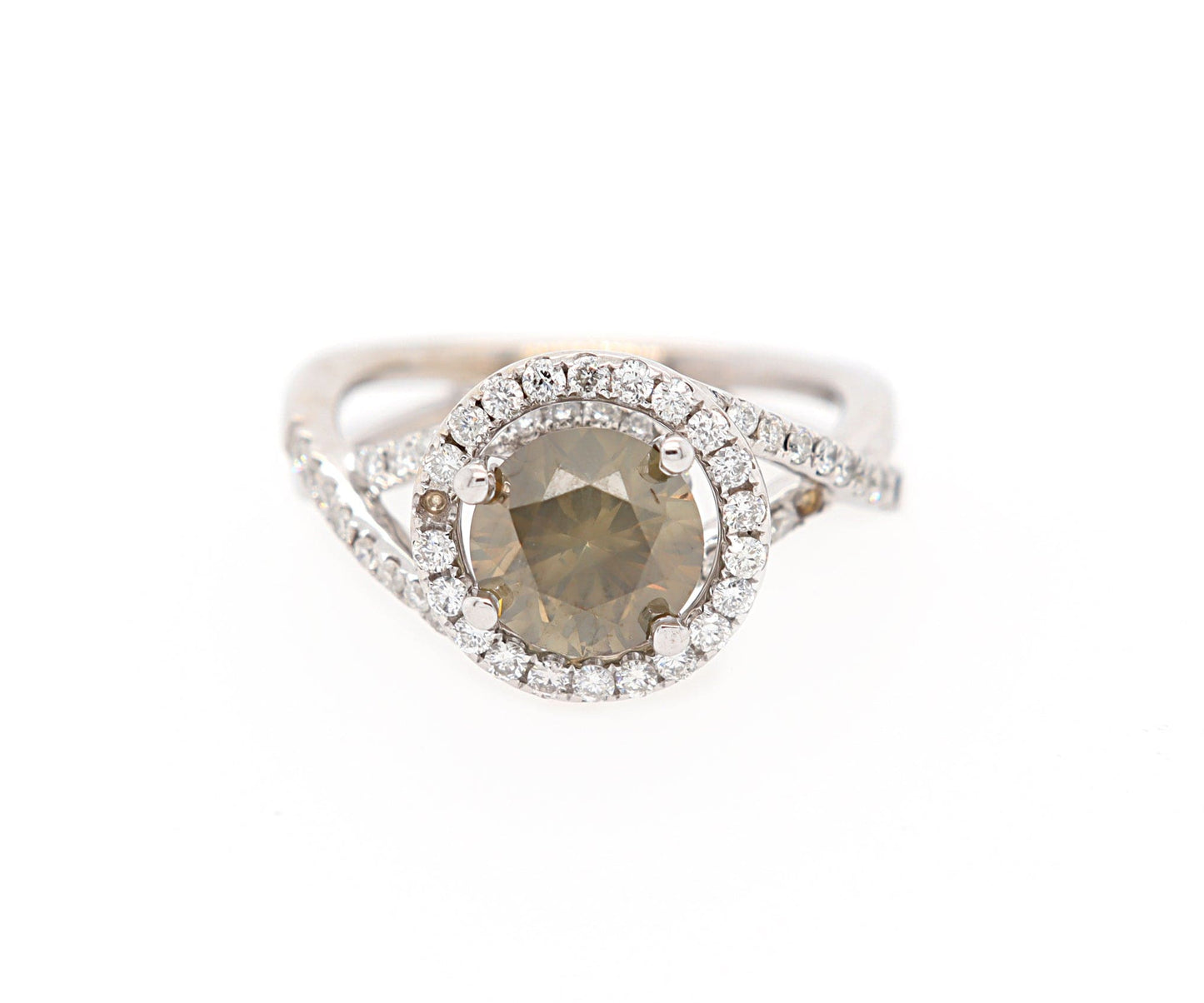 1.70ctw Round Greenish Brown and White Diamond Halo Ring in 18K