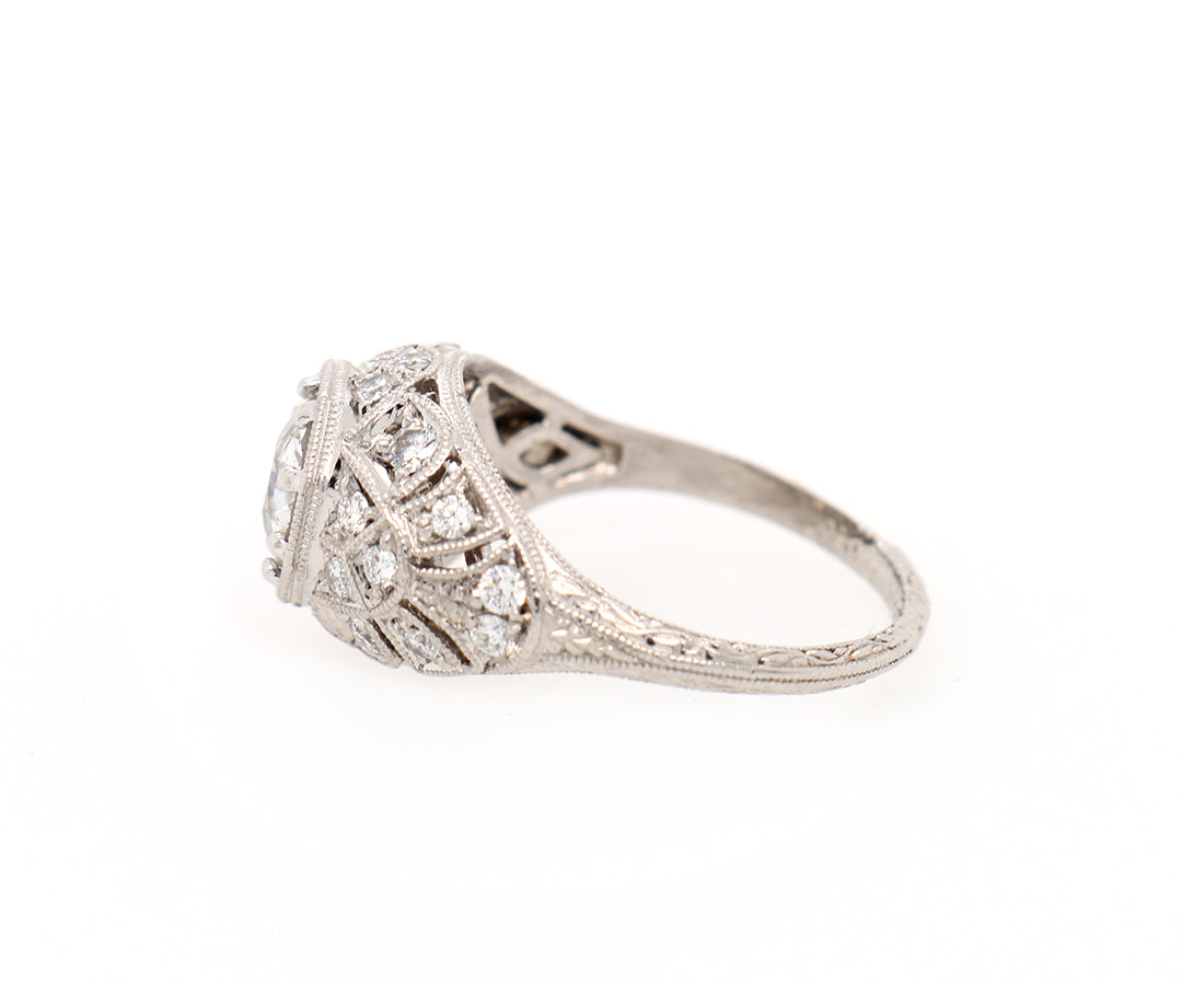 1.43 European Cut Diamond Vintage Inspired Engagement Ring in Platinum