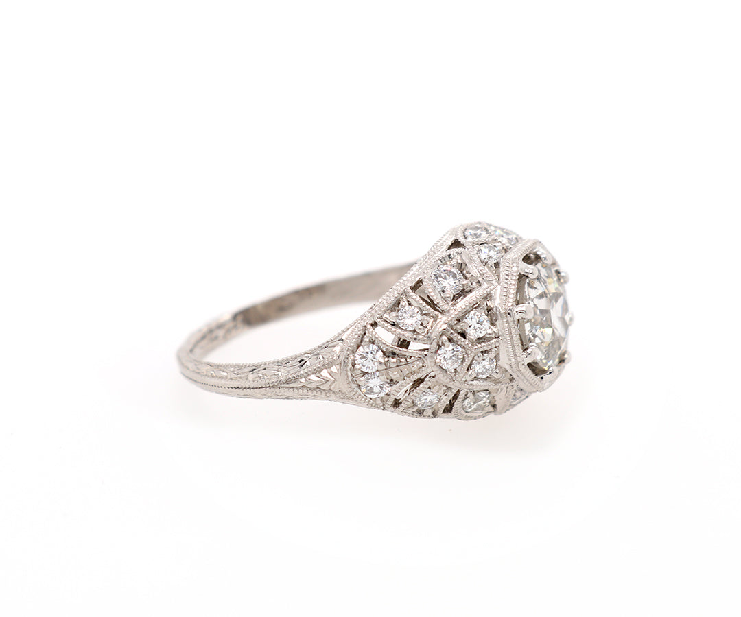 1.43 European Cut Diamond Vintage Inspired Engagement Ring in Platinum