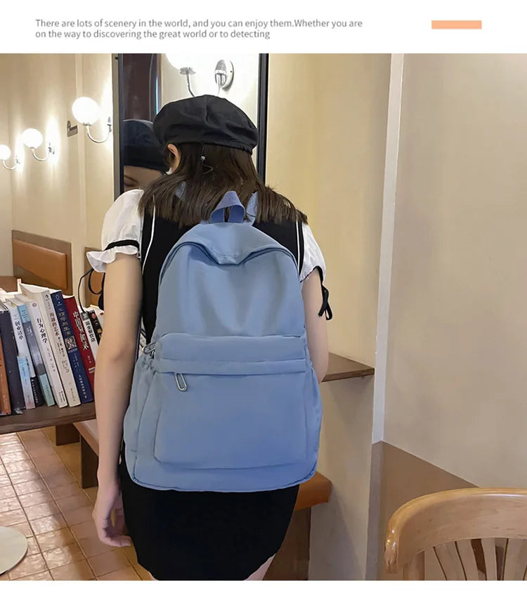 Women Schoolbag Waterproof Large Capacity School Backpack Smooth Zipper Solid Color Teens Girl Casual Daypack Bag Student Supply