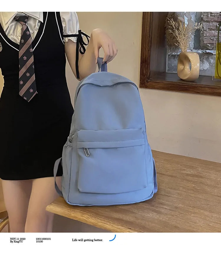 Women Schoolbag Waterproof Large Capacity School Backpack Smooth Zipper Solid Color Teens Girl Casual Daypack Bag Student Supply