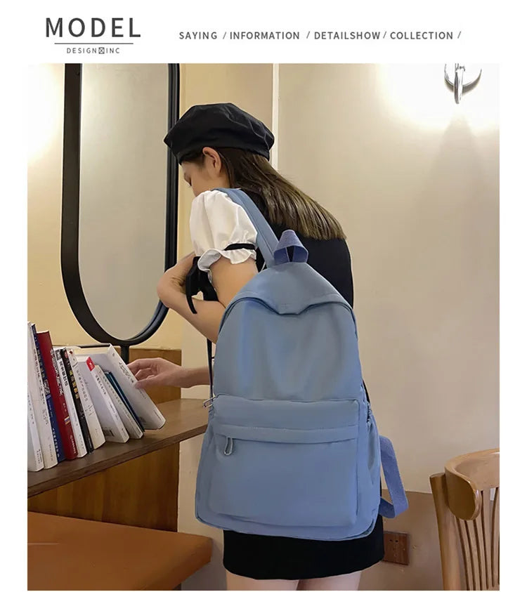 Women Schoolbag Waterproof Large Capacity School Backpack Smooth Zipper Solid Color Teens Girl Casual Daypack Bag Student Supply