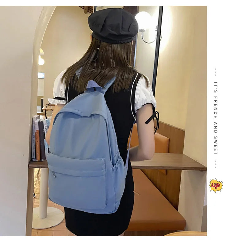 Women Schoolbag Waterproof Large Capacity School Backpack Smooth Zipper Solid Color Teens Girl Casual Daypack Bag Student Supply