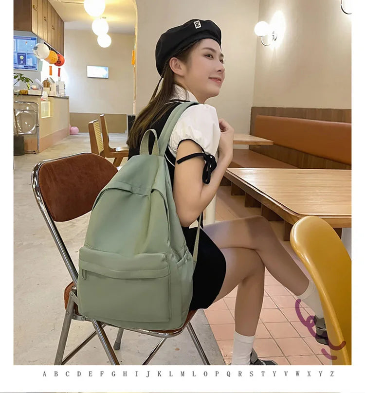 Women Schoolbag Waterproof Large Capacity School Backpack Smooth Zipper Solid Color Teens Girl Casual Daypack Bag Student Supply