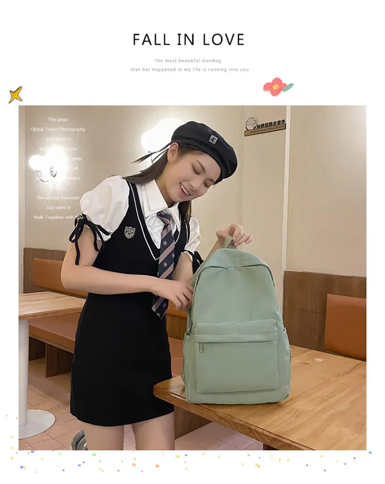 Women Schoolbag Waterproof Large Capacity School Backpack Smooth Zipper Solid Color Teens Girl Casual Daypack Bag Student Supply