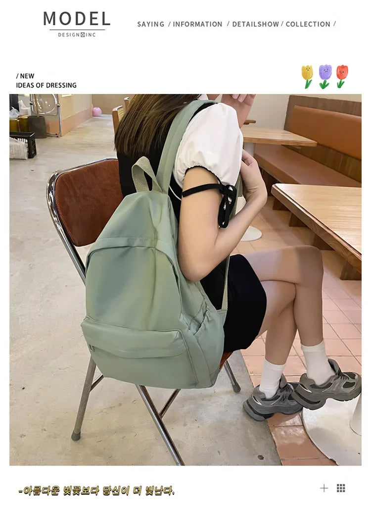 Women Schoolbag Waterproof Large Capacity School Backpack Smooth Zipper Solid Color Teens Girl Casual Daypack Bag Student Supply