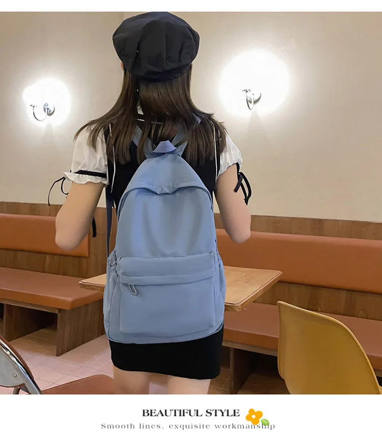 Women Schoolbag Waterproof Large Capacity School Backpack Smooth Zipper Solid Color Teens Girl Casual Daypack Bag Student Supply