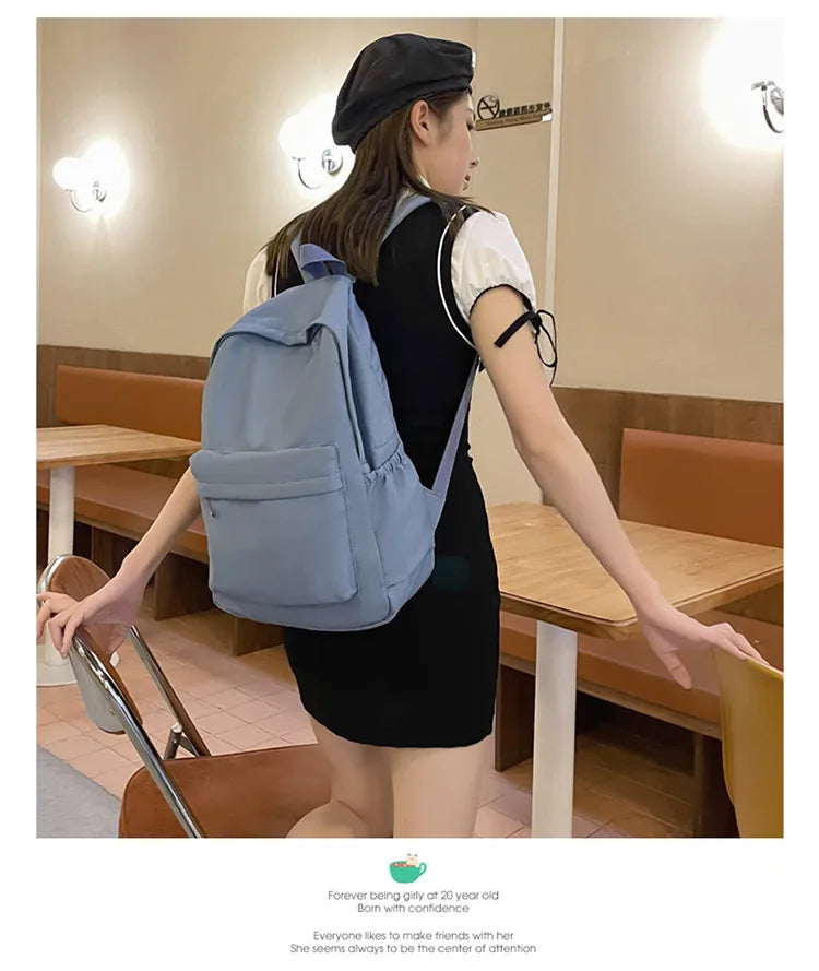 Women Schoolbag Waterproof Large Capacity School Backpack Smooth Zipper Solid Color Teens Girl Casual Daypack Bag Student Supply